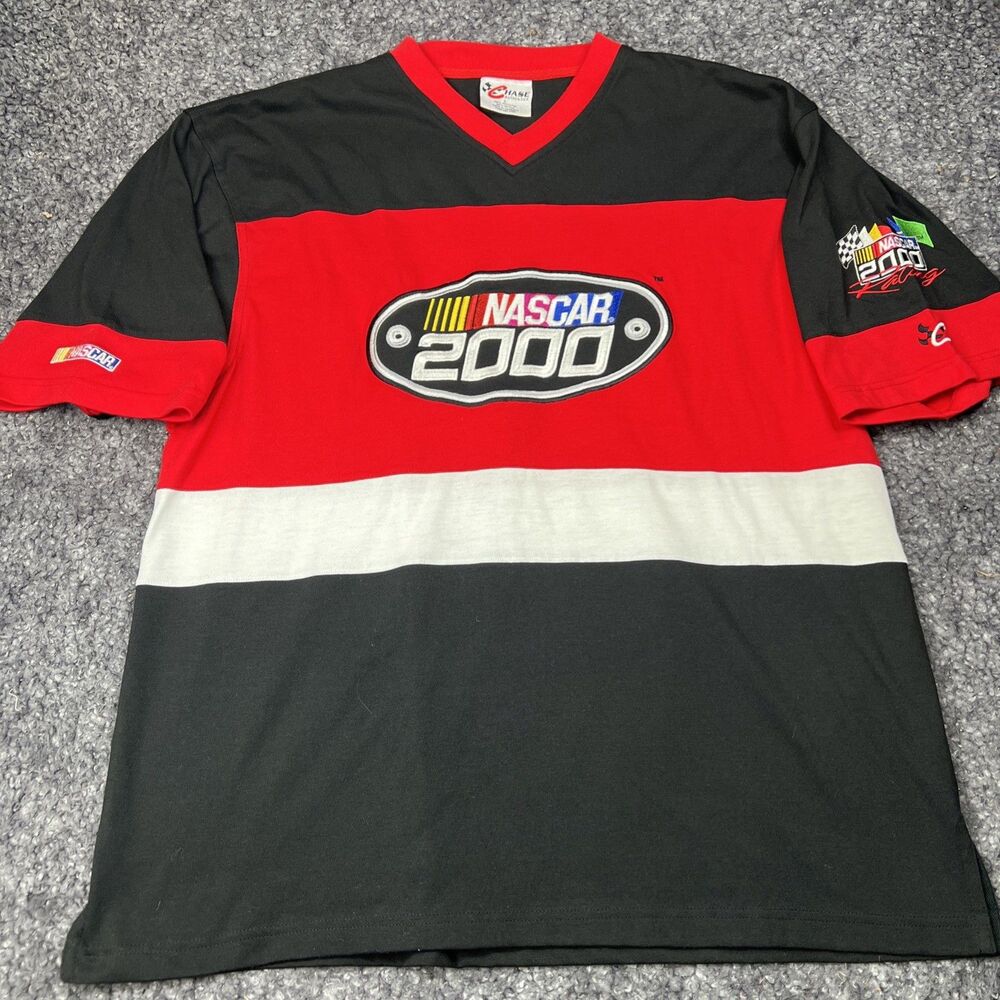 Chase Mens L NASCAR 2000 Racing Embroidered V-Neck T-Shirt Speedway Authentic